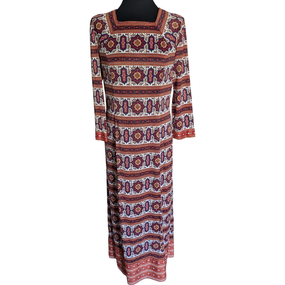 Leslie Pomer RWB And Gold Square Neck Long Sleeve Dress